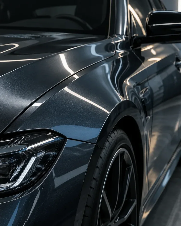 Close-up of a dark car’s front fender and headlight, paint reflecting soft studio light.